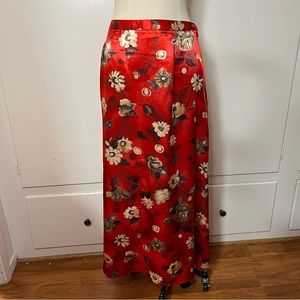 Women’s Vintage S.B. Collection Red Satin Floral Maxi Skirt Size Large